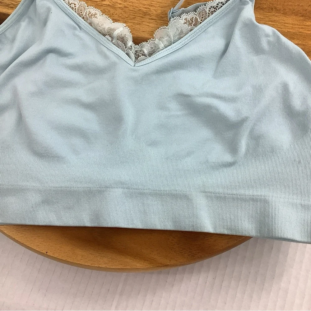 Cacique Bralette Bra 14/16 Nylon Spandex Blue Lace trim No Padding Wireless.